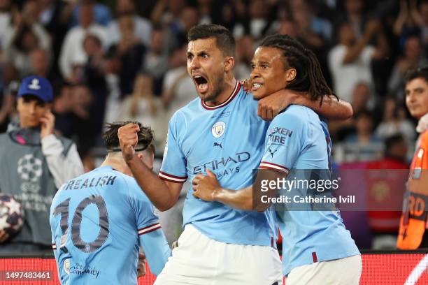 Rodri of Manchester City celebrates after scoring the team's first goal during the UEFA Champions League 2022/23 final match between FC...