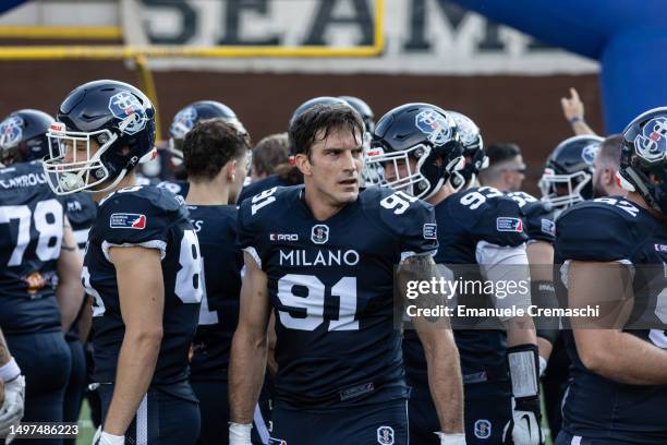 Defensive Lineman Giacomo Insom, #91 of Milano Seamen looks on during the European League of Football match between the Milano Seamen and the...