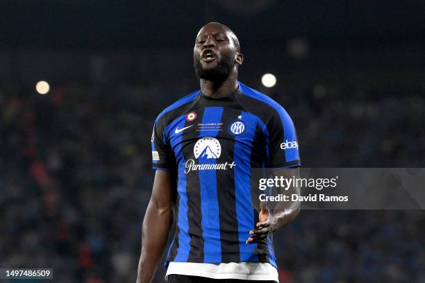 Romelu Lukaku of FC Internazionale reacts during the UEFA Champions League 2022/23 final match between FC Internazionale and Manchester City FC at...