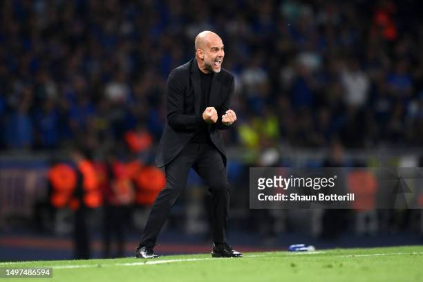 Pep Guardiola, Manager of Manchester City, reacts during the UEFA Champions League 2022/23 final match between FC Internazionale and Manchester City...