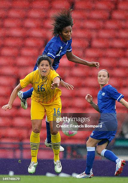 Wendie Renard of France and Madelaine Edlund of Sweden battle for the ball during the Women's Football Quarter Final match between Sweden and France,...