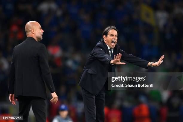 Simone Inzaghi, Head Coach of FC Internazionale, reacts during the UEFA Champions League 2022/23 final match between FC Internazionale and Manchester...