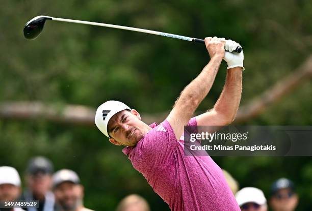 Nick Taylor of Canada hits his first shot on the 12th hole during the third round of the RBC Canadian Open at Oakdale Golf & Country Club on June 10,...