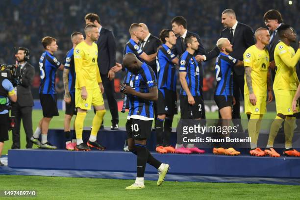 Romelu Lukaku of FC Internazionale, looks dejected while wearing their runners up medal after the team's defeat in the UEFA Champions League 2022/23...