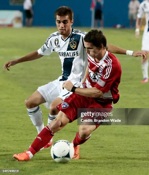 Zach Loyd of the FC Dallas looks for room against midfielder Hector Jimenez of the Los Angeles Galaxy during the second half of a soccer game at FC...