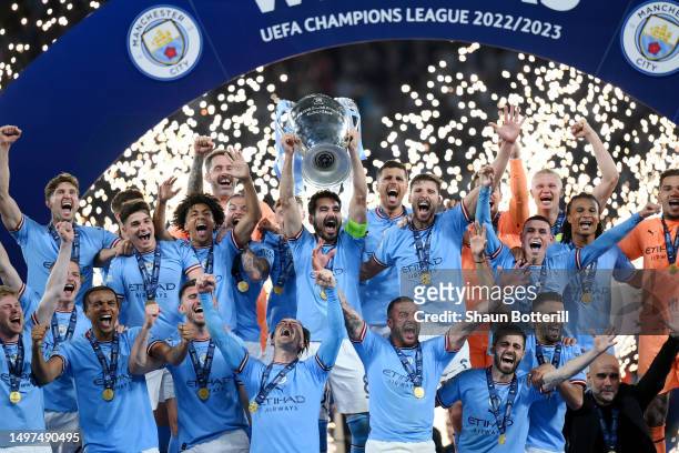 Ilkay Guendogan of Manchester City lifts the UEFA Champions League trophy after the team's victory during the UEFA Champions League 2022/23 final...