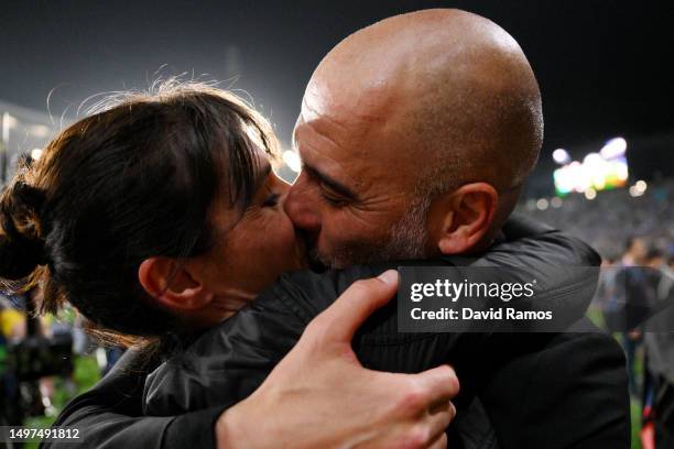 Pep Guardiola, Manager of Manchester City, celebrates with his wife Cristina Serra after the team's victory during the UEFA Champions League 2022/23...