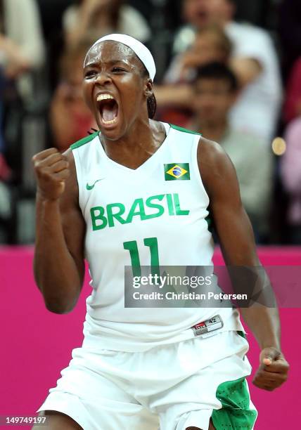 Clarissa Santos of Brazil reacts after scoring against Canada late in the third quarter of the Women's Basketball Preliminary Round match on Day 7 of...