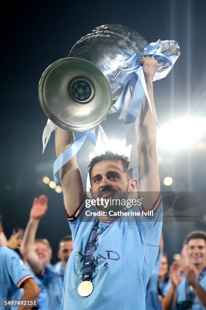 Bernardo Silva of Manchester City celebrates with the UEFA Champions League trophy after the team's victory during the UEFA Champions League 2022/23...