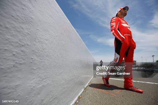 Bubba Wallace, driver of the DoorDash Toyota, looks on during practice for the NASCAR Cup Series Toyota / Save Mart 350 at Sonoma Raceway on June 10,...