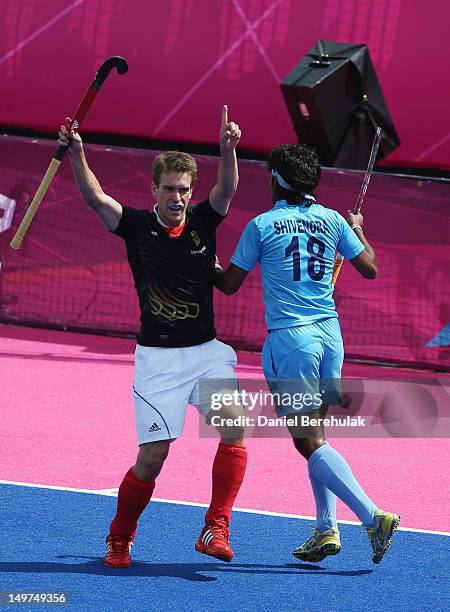 Oliver Korn of Germany celebrates after scoring during the Men's Hockey match between Germany and India on Day 7 of the London 2012 Olympic Games at...