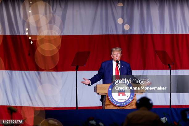 Former U.S. President Donald Trump delivers remarks during the Georgia state GOP convention at the Columbus Convention and Trade Center on June 10,...