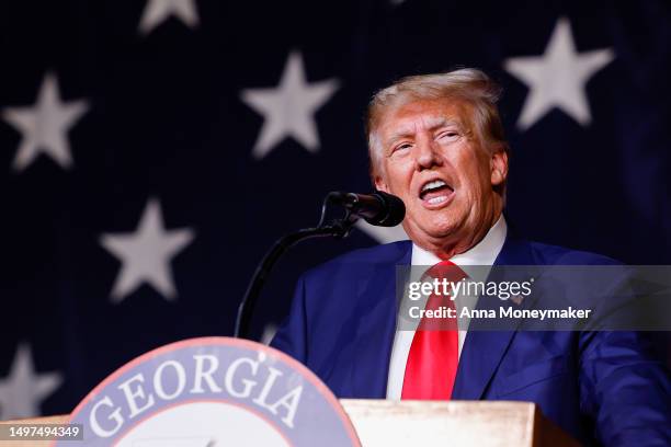 Former U.S. President Donald Trump delivers remarks during the Georgia state GOP convention at the Columbus Convention and Trade Center on June 10,...