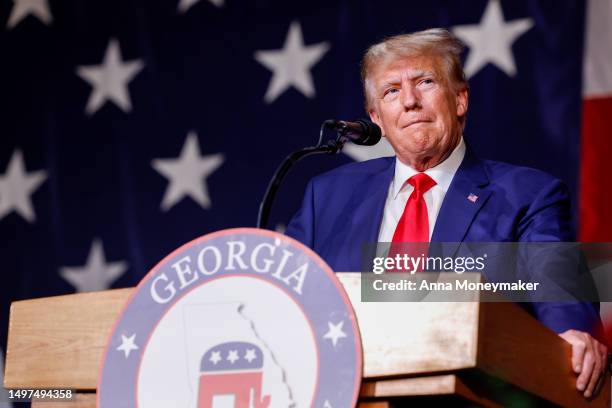 Former U.S. President Donald Trump delivers remarks during the Georgia state GOP convention at the Columbus Convention and Trade Center on June 10,...