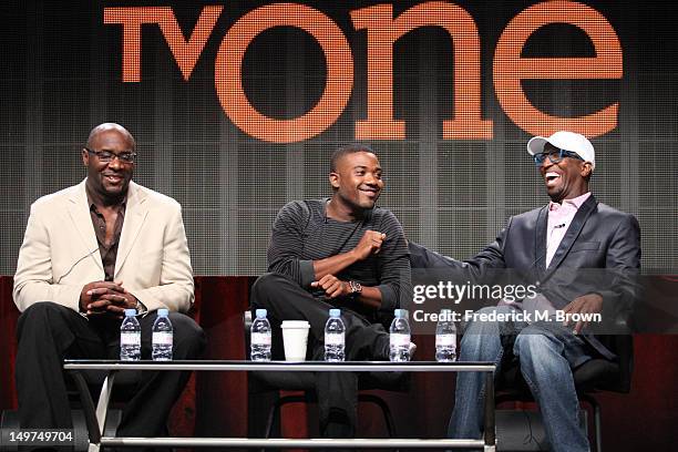 Executive producer Roger Bobb, actors Ray J, and Rickey Smiley speak at the "The Rickey Smiley Show" discussion panel during the TVOne portion of the...