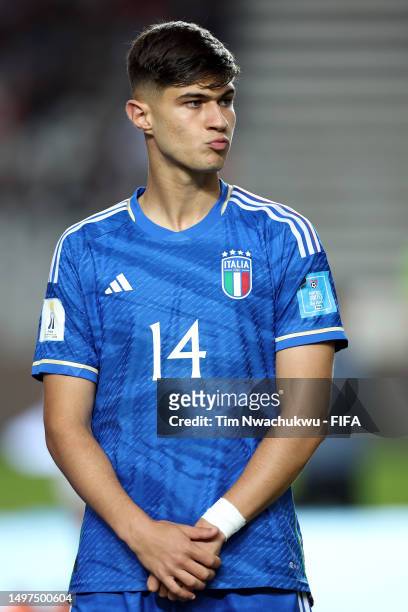 Gabriele Guarino of Italy looks on during the FIFA U-20 World Cup Argentina 2023 Semi Finals match between Italy and Korea Republic at Estadio La...