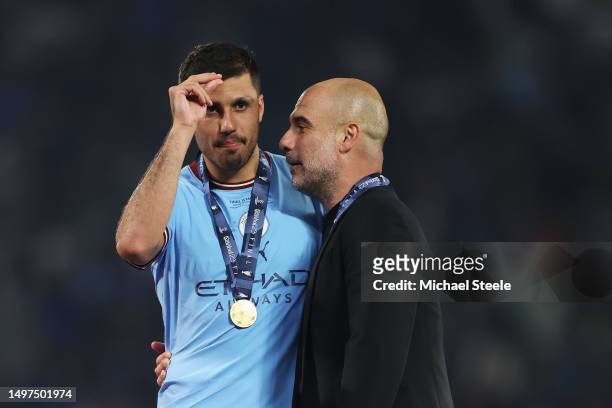 Pep Guardiola, Manager of Manchester City, celebrates with Rodri after the team's victory in the UEFA Champions League 2022/23 final match between FC...