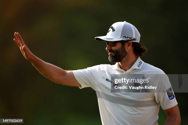 Adam Hadwin of Canada reacts after a chip on the 18th hole during the third round of the RBC Canadian Open at Oakdale Golf & Country Club on June 10,...