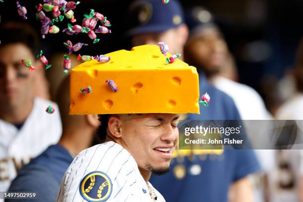 William Contreras of the Milwaukee Brewers celebrates after hitting a solo home run in the eighth inning against the Oakland Athletics at American...