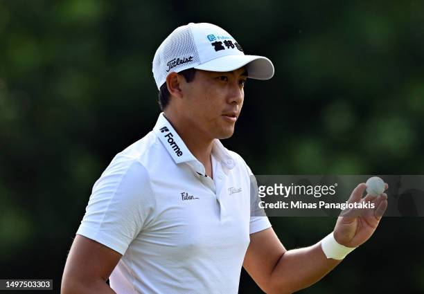 Pan of Chinese Taipei reacts on the 15th hole during the third round of the RBC Canadian Open at Oakdale Golf & Country Club on June 10, 2023 in...