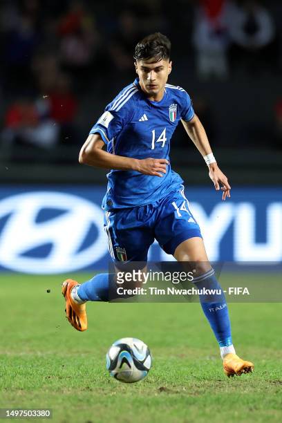 Gabriele Guarino of Italy dribbles during the FIFA U-20 World Cup Argentina 2023 Semi Finals match between Italy and Korea Republic at Estadio La...