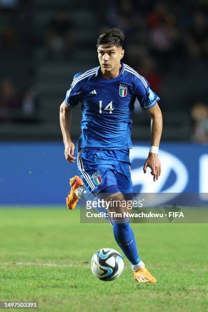 Gabriele Guarino of Italy dribbles during the FIFA U-20 World Cup Argentina 2023 Semi Finals match between Italy and Korea Republic at Estadio La...