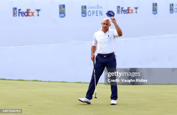 Jonathan Byrd of the United States reacts after making a putt on the 18th hole during the third round of the RBC Canadian Open at Oakdale Golf &...