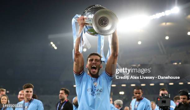 Ruben Dias of Manchester City lifts the Champions League Trophy during the UEFA Champions League 2022/23 final match between FC Internazionale and...