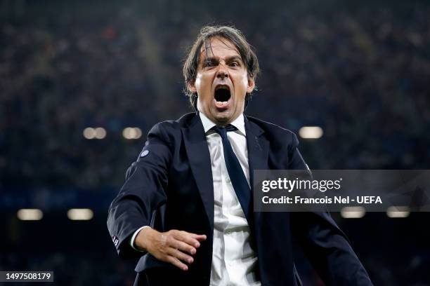 Simone Inzaghi, Head Coach of FC Internazionale, reacts during the UEFA Champions League 2022/23 final match between FC Internazionale and Manchester...