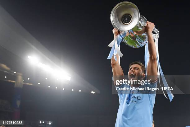 Ruben Dias of Manchester City with the trophy after winning the UEFA Champions League 2022/23 final match between FC Internazionale and Manchester...