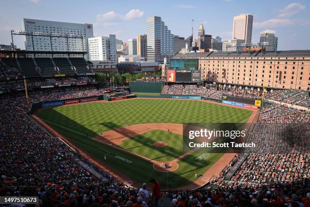 General view of play as Brady Singer of the Kansas City Royals pitches against the Baltimore Orioles during the fifth inning at Oriole Park at Camden...