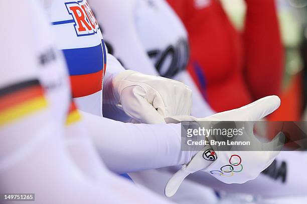Detail shot of the glove of Ekaterina Gnidenko of Russia as she prepares to compete in the Women's Keirin Track Cycling qualifying on Day 7 of the...