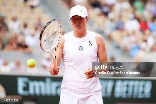 Iga Swiatek of Poland against Karolina Muchova of Czech Republic during the Women's Singles Final match on Day Fourteen of the 2023 French Open at...