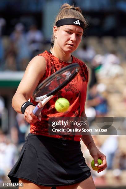 Karolina Muchova of Czech Republic against Iga Swiatek of Poland during the Women's Singles Final match on Day Fourteen of the 2023 French Open at...