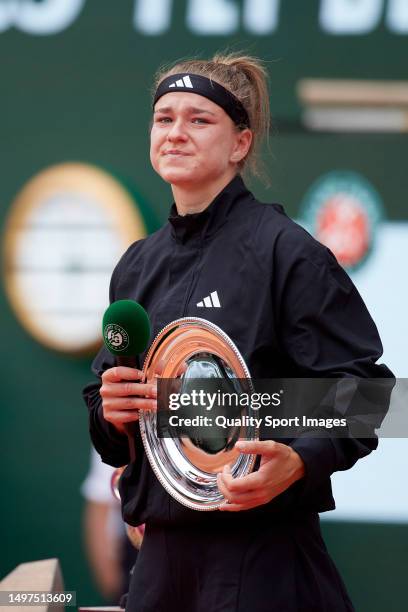 Karolina Muchova of Czech Republic speaks to the crowd after defeat to Iga Swiatek of Poland in the Women's Singles Final match on Day Fourteen of...
