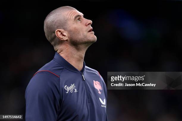 Matt King assistant coach of the Roosters looks on ahead of the round 15 NRL match between Sydney Roosters and Penrith Panthers at Allianz Stadium on...