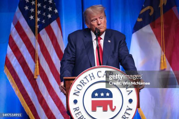 Republican presidential candidate former U.S. President Donald Trump delivers remarks June 10, 2023 in Greensboro, North Carolina. Trump spoke during...