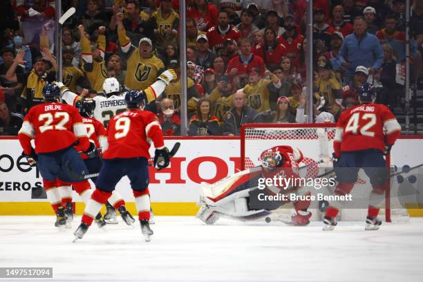 Chandler Stephenson of the Vegas Golden Knights scores a goal past Sergei Bobrovsky of the Florida Panthers during the first period in Game Four of...
