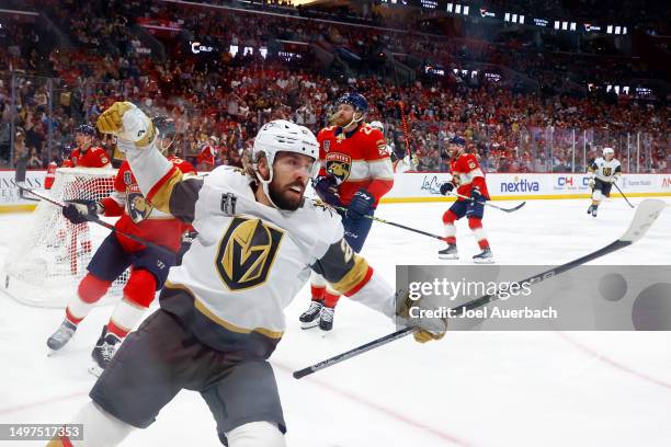 Chandler Stephenson of the Vegas Golden Knights celebrates after scoring a goal against the Florida Panthers during the first period in Game Four of...