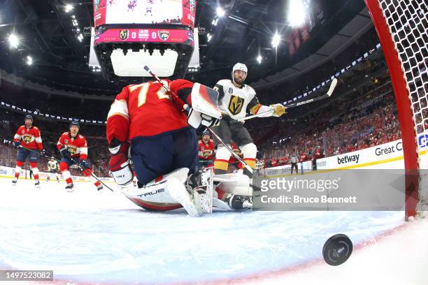 Chandler Stephenson of the Vegas Golden Knights scores a goal past Sergei Bobrovsky of the Florida Panthers during the first period in Game Four of...