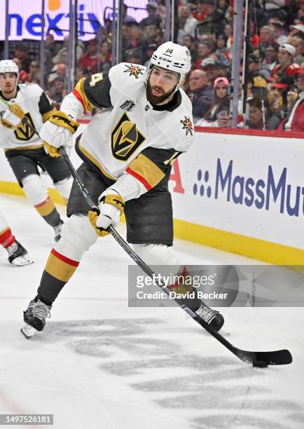 Nicolas Hague of the Vegas Golden Knights skates during the second period against the Florida Panthers in Game Four of the 2023 NHL Stanley Cup Final...