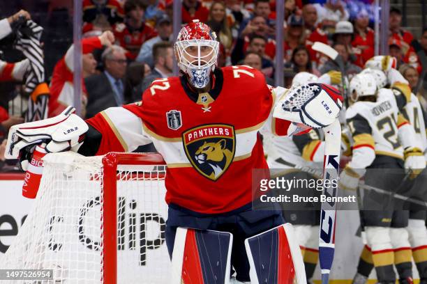 Sergei Bobrovsky of the Florida Panthers reacts after allowing a goal to Chandler Stephenson of the Vegas Golden Knights during the second period in...