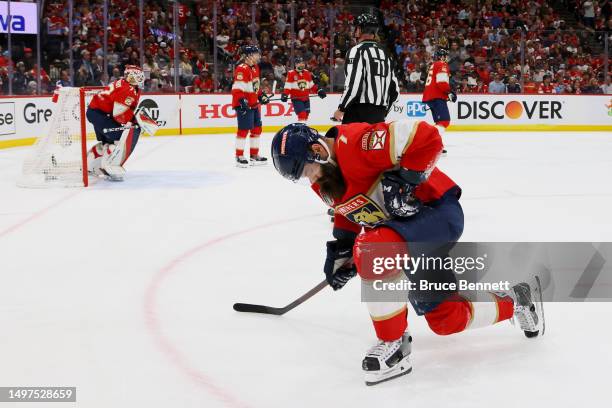 Radko Gudas of the Florida Panthers reacts after a goal by William Karlsson of the Vegas Golden Knights during the second period in Game Four of the...