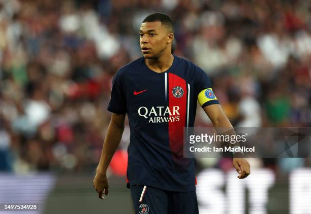 Kylian Mbappe of Paris Saint-Germain is seen in action during the Ligue 1 match between Paris Saint-Germain and Clermont Foot at Parc des Princes on...