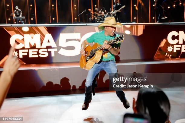 Jason Aldean performs on stage during day three of CMA Fest 2023 at Nissan Stadium on June 10, 2023 in Nashville, Tennessee.