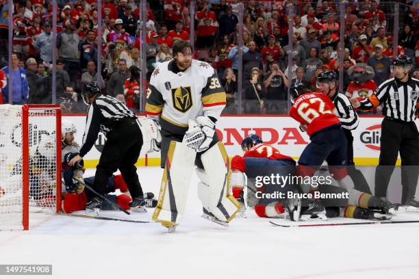 Adin Hill of the Vegas Golden Knights skates away from the fighting after the Knights 3-2 win against the Florida Panthers in Game Four of the 2023...