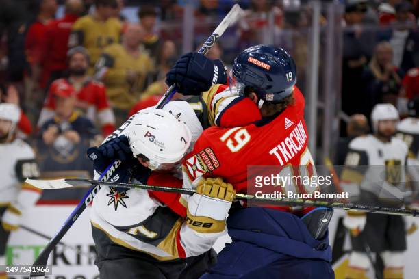 Alex Pietrangelo of the Vegas Golden Knights and Matthew Tkachuk of the Florida Panthers fight following the Knights 3-2 win against the Panthers in...