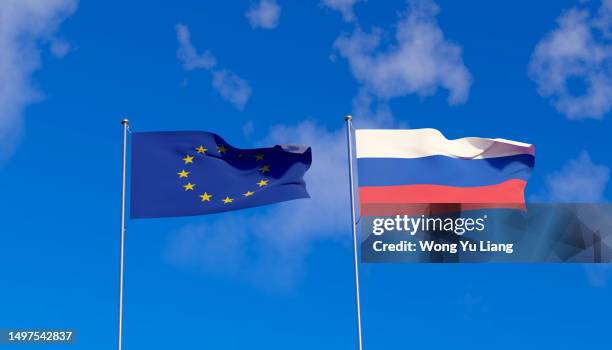 euro and russia flag , 3d render - western europe stock pictures, royalty-free photos & images