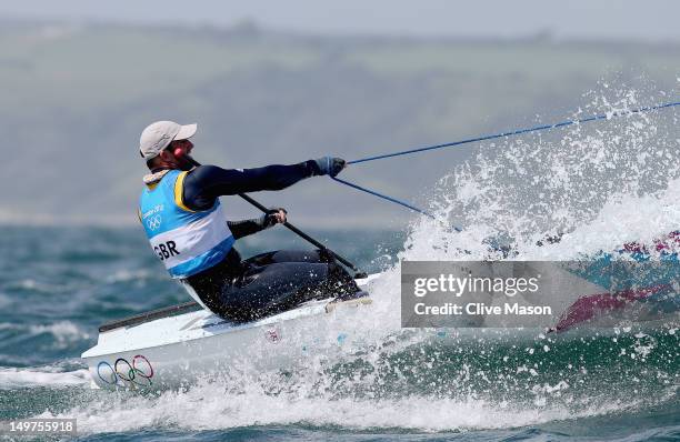 Ben Ainslie of Great Britain competes in the Men's Finn Sailing on Day 7 of the London 2012 Olympic Games at the Weymouth & Portland Venue at...