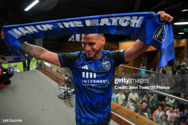 Miguel Trauco of the San Jose Earthquakes celebrates being named Man of the Match after a game between Philadelphia Union and San Jose Earthquakes at...